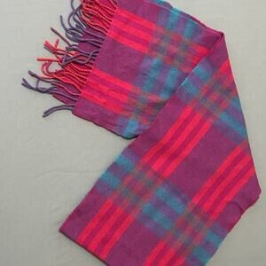 John Hanly Merino Fine Wool Scarf Purple Pink Blue Plaid Fringe Ireland